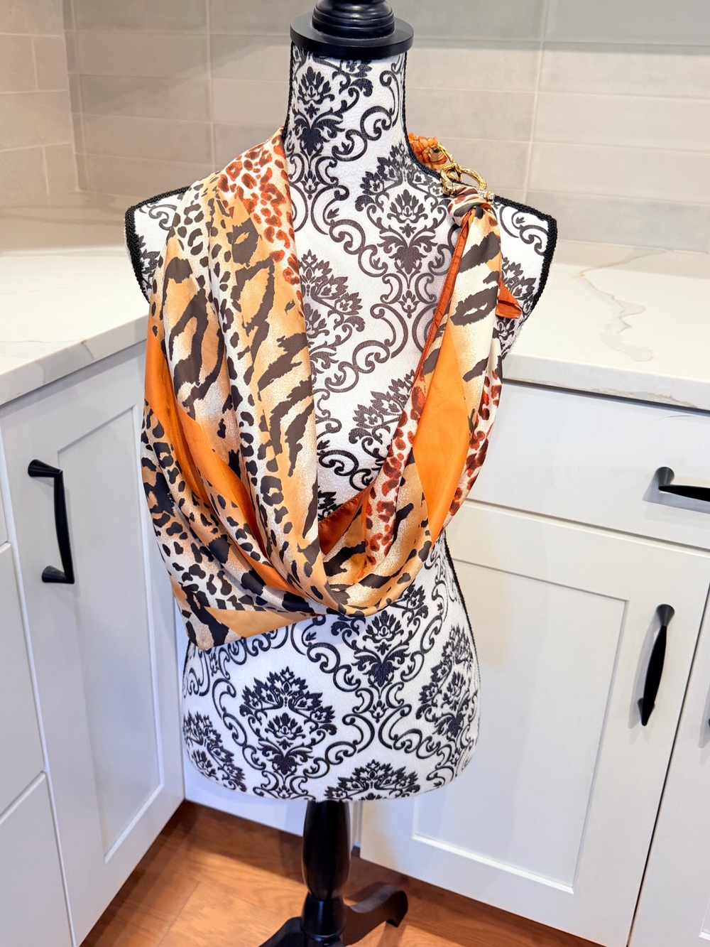Animal Print Scarf Necklace Orange Stone Beads Gold Tone Statement Jewelry